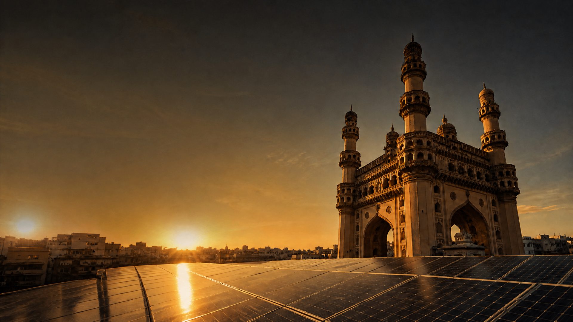 Rooftop solar over Charminar at sunset in Hyderabad